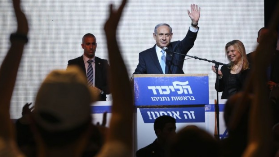 Netanyahu at victory rally in Tel Aviv in the week hours of Wednesday morning (photo credit: Times of Israel)